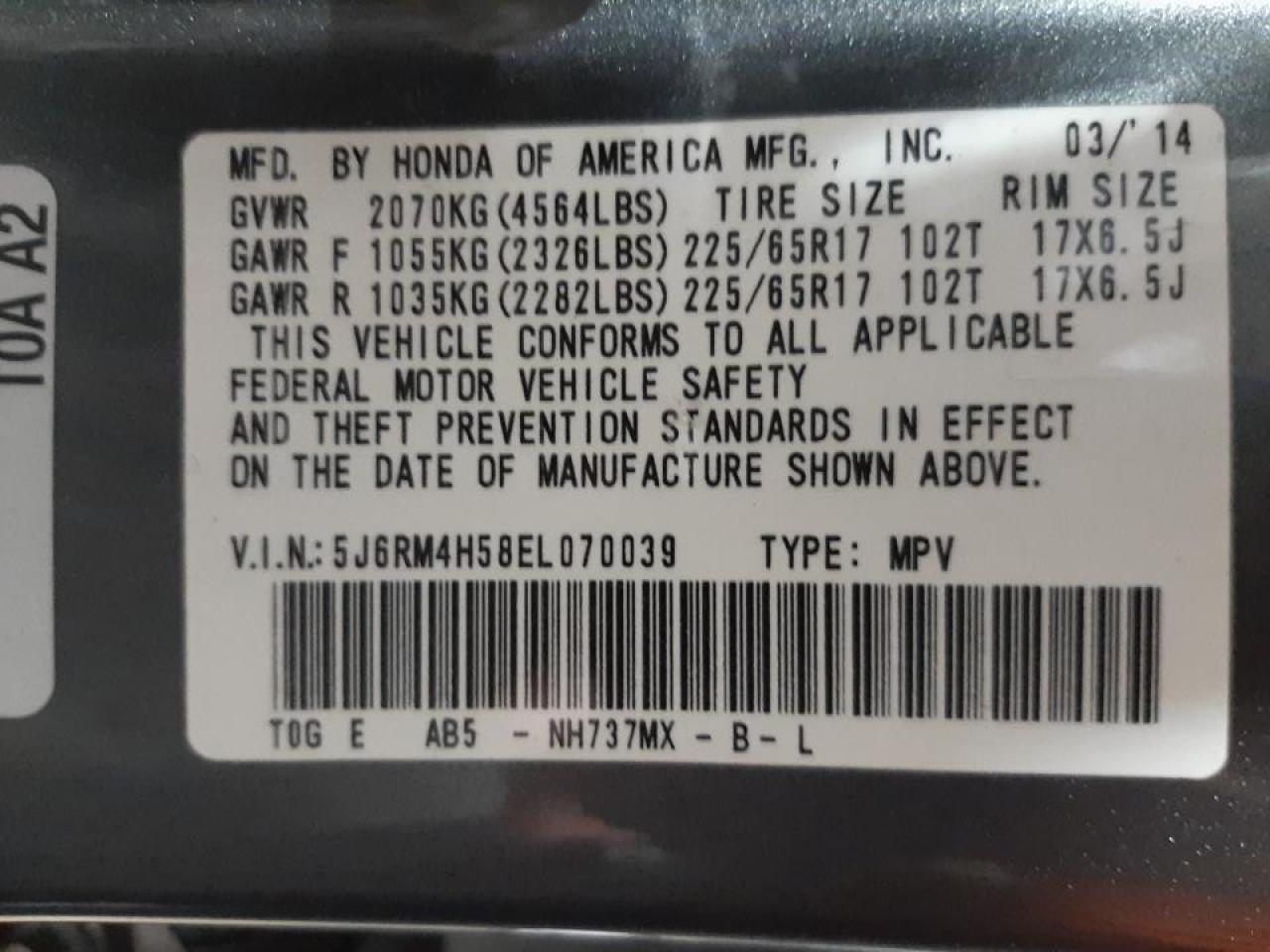 Photo 10 from auction – 2014 HONDA CR-V EX with VIN 5J6RM4H58EL070039