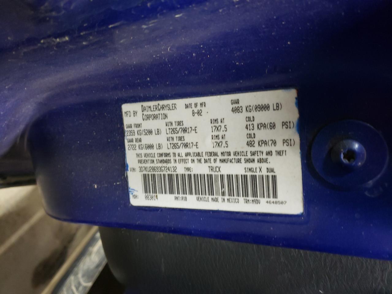 Photo 10 from auction – 2003 DODGE RAM 2500 S with VIN 3D7KU28693G724132