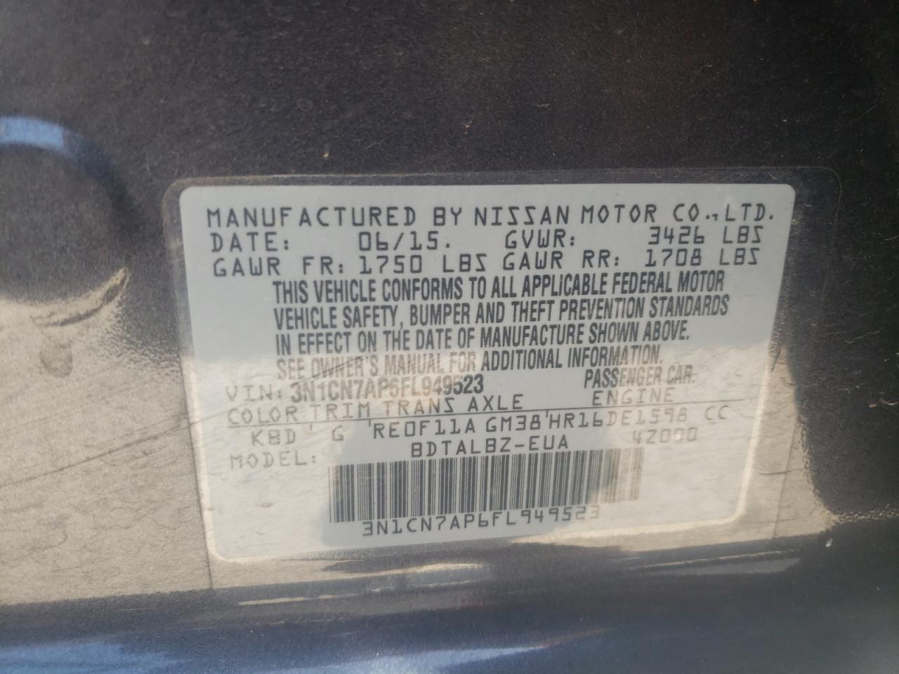 Photo 10 from auction – 2015 NISSAN VERSA S with VIN 3N1CN7AP6FL949523