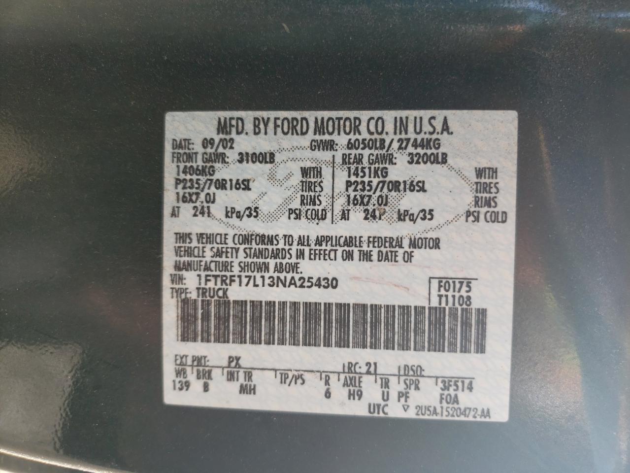 Photo 10 from auction – 2003 FORD F150 with VIN 1FTRF17L13NA25430