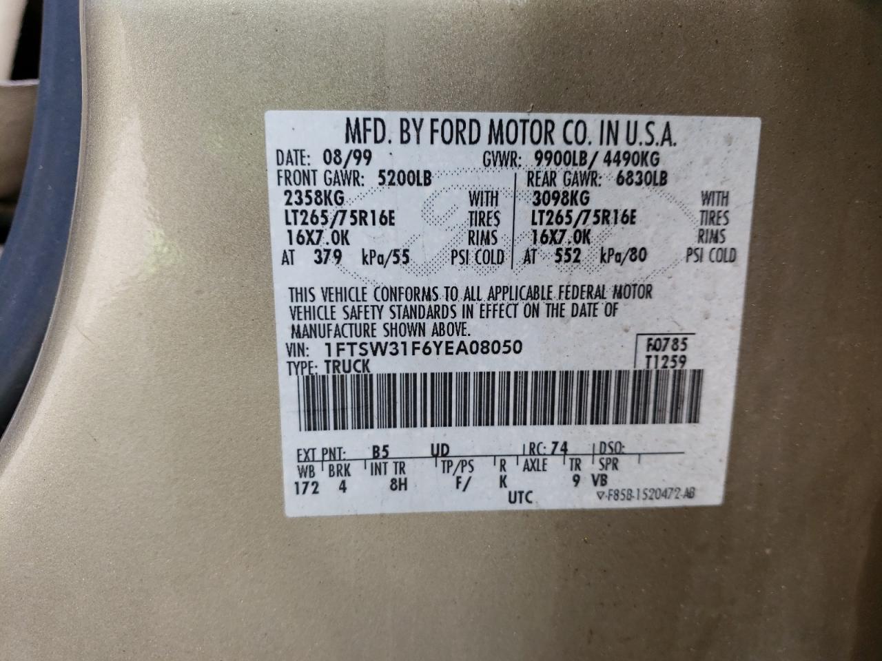 Photo 10 from auction – 2000 FORD F350 SRW S with VIN 1FTSW31F6YEA08050