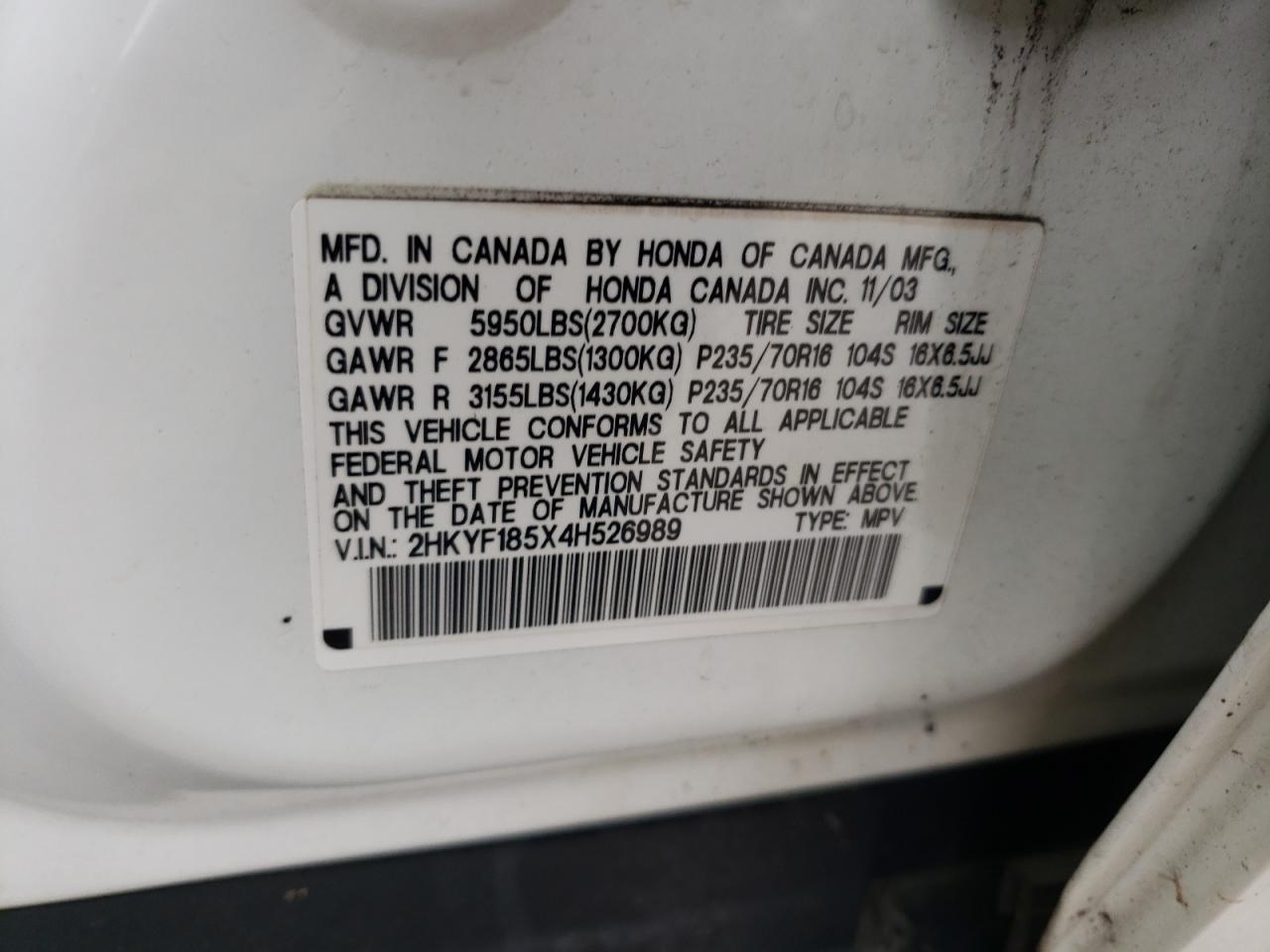 Photo 10 from auction – 2004 HONDA PILOT EXL with VIN 2HKYF185X4H526989