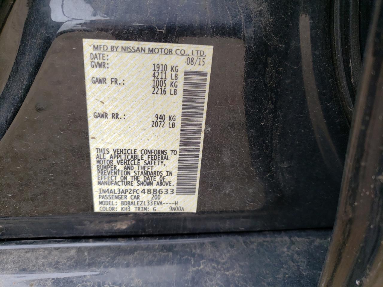 Photo 10 from auction – 2015 NISSAN ALTIMA 2.5 with VIN 1N4AL3AP2FC488633