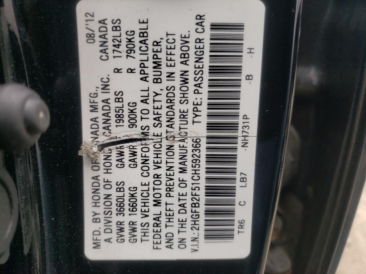 Photo 10 from auction – 2012 HONDA CIVIC LX with VIN 2HGFB2F51CH592366