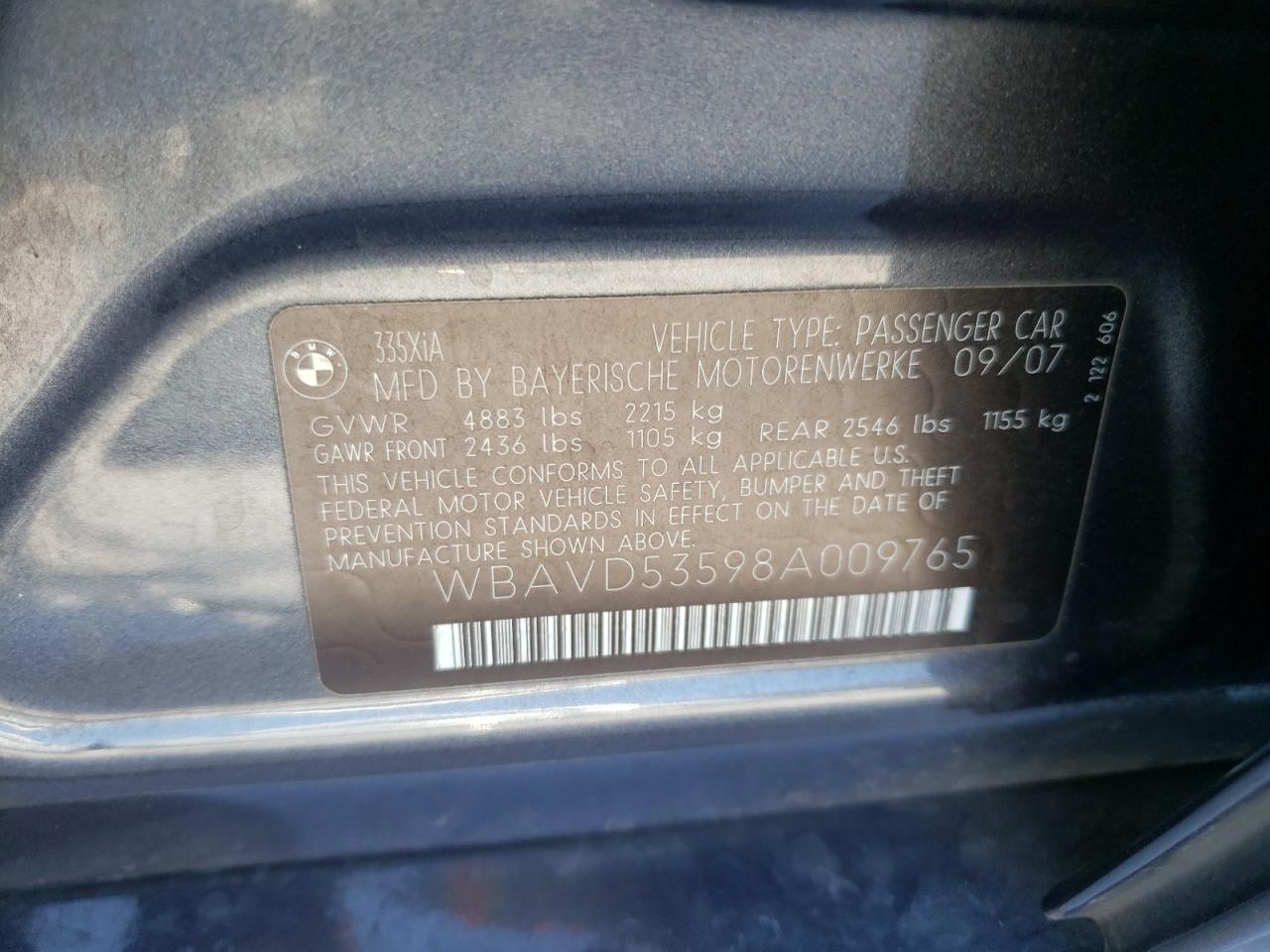 Photo 10 from auction – 2008 BMW 335 XI with VIN WBAVD53598A009765