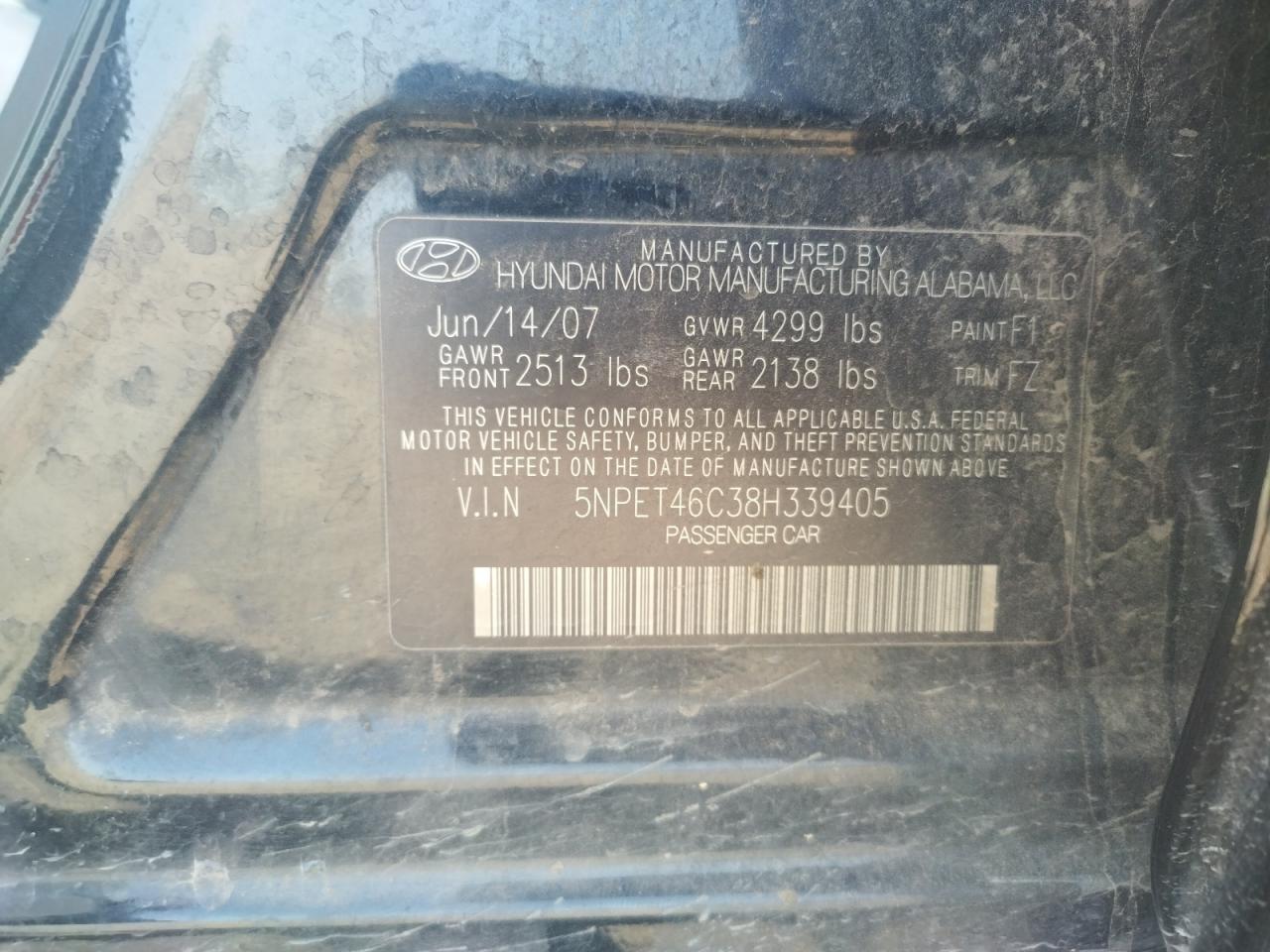 Photo 10 from auction – 2008 HYUNDAI SONATA GLS with VIN 5NPET46C38H339405