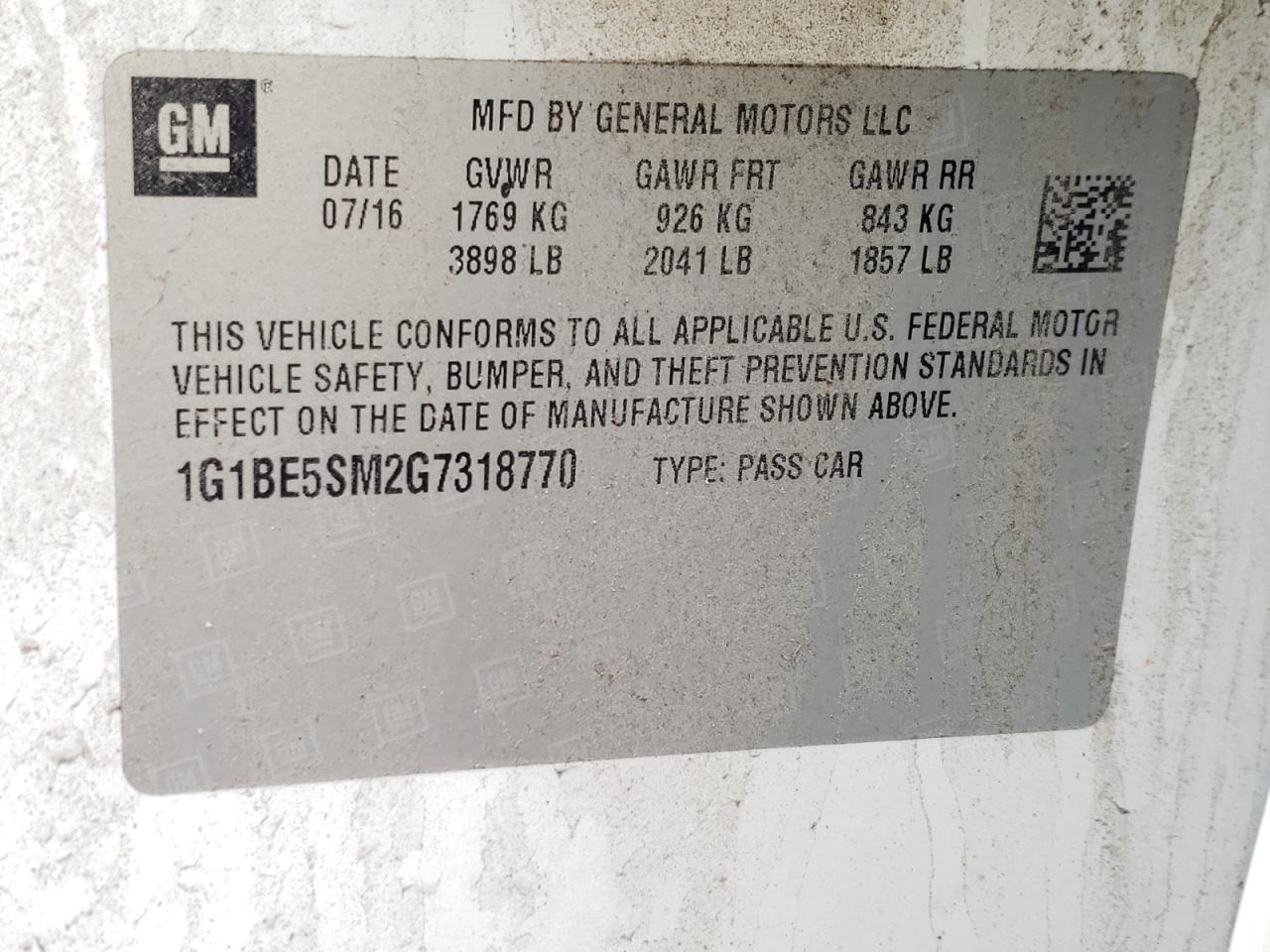 Photo 10 from auction – 2016 CHEVROLET CRUZE LT with VIN 1G1BE5SM2G7318770
