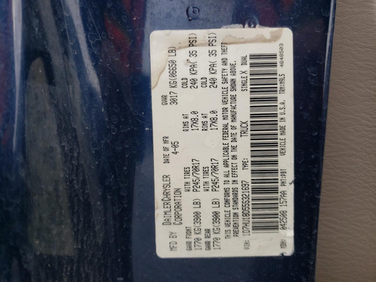 Photo 10 from auction – 2005 DODGE RAM 1500 S with VIN 1D7HU18D55S321697
