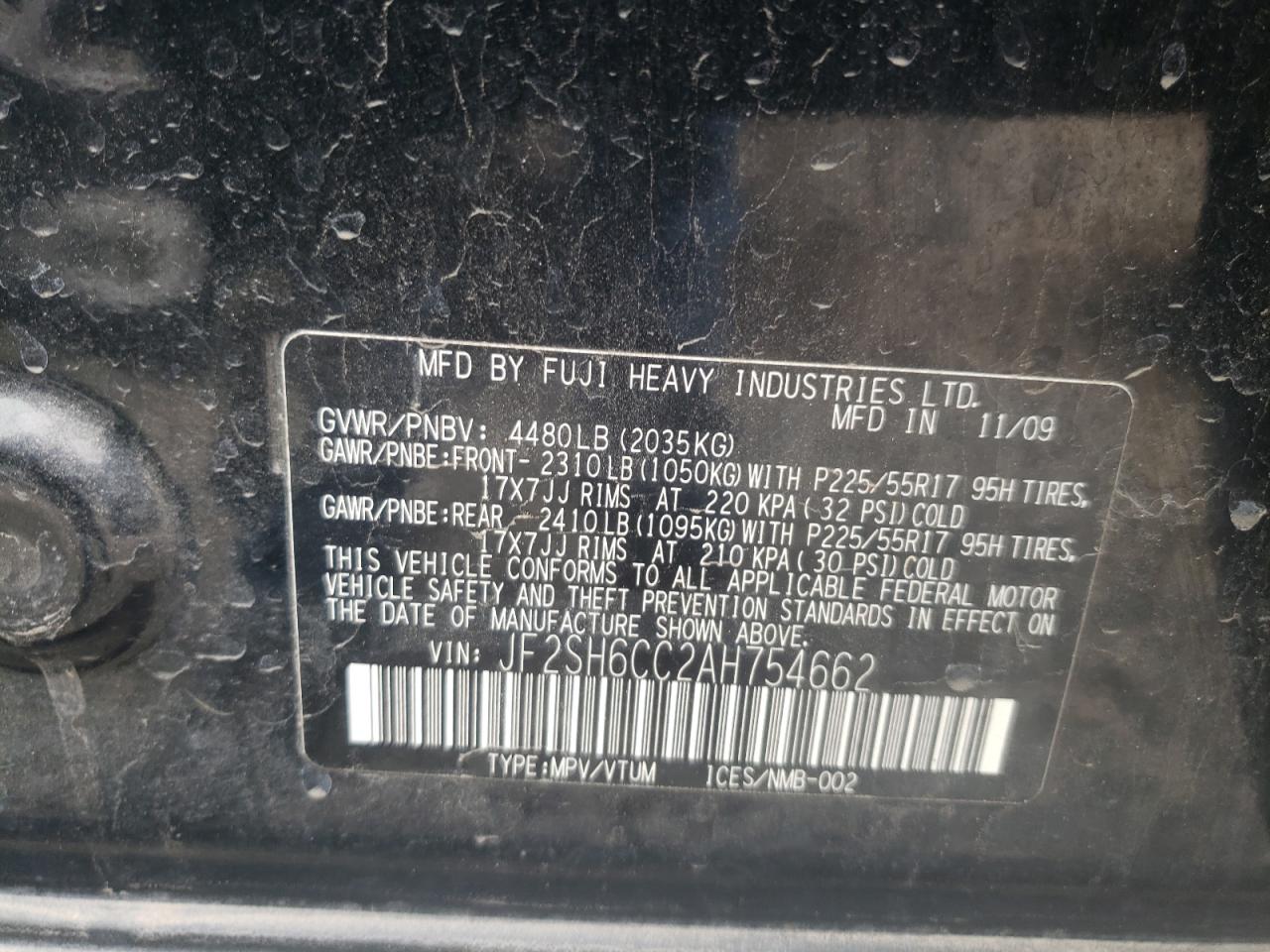 Photo 10 from auction – 2010 SUBARU FORESTER 2 with VIN JF2SH6CC2AH754662