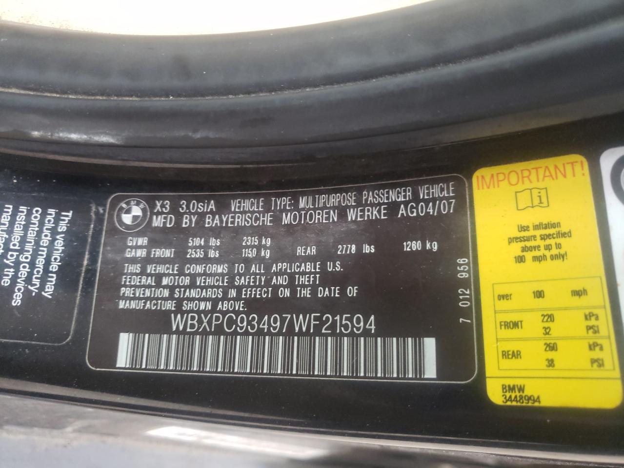 Photo 10 from auction – 2007 BMW X3 3.0SI with VIN WBXPC93497WF21594