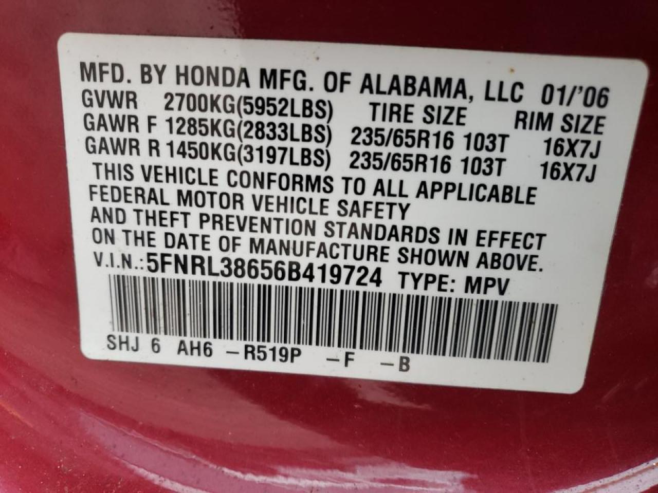 Photo 10 from auction – 2006 HONDA ODYSSEY EX with VIN 5FNRL38656B419724