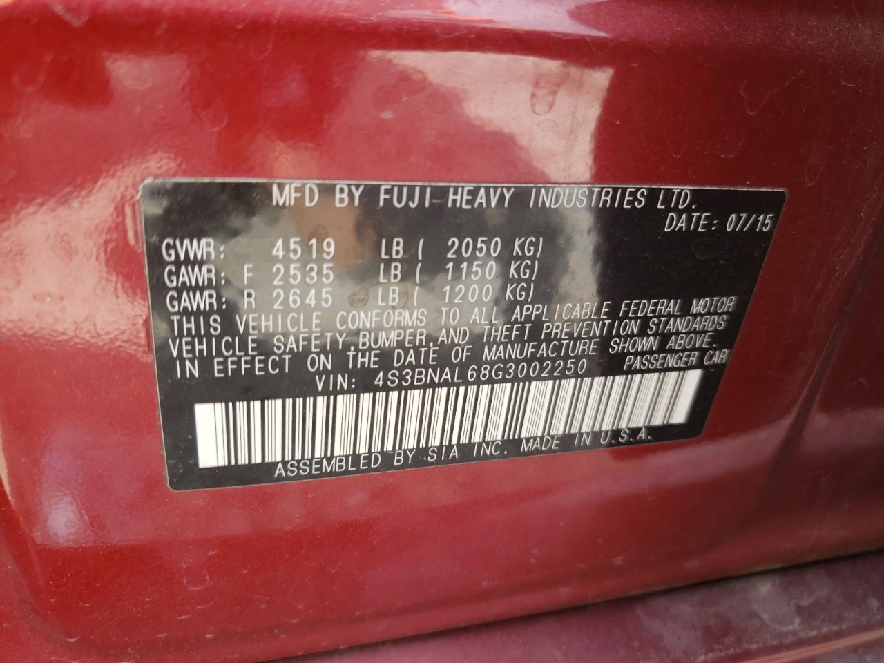 Photo 10 from auction – 2016 SUBARU LEGACY 2.5 with VIN 4S3BNAL68G3002250