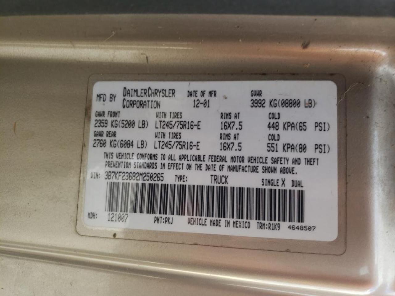 Photo 10 from auction – 2002 DODGE RAM 2500 with VIN 3B7KF23682M250265