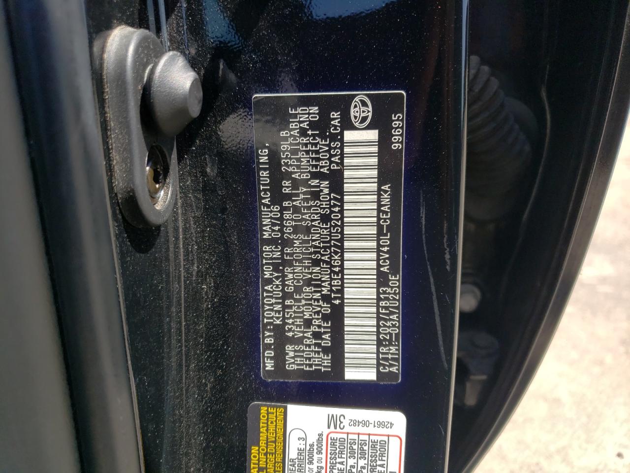 Photo 10 from auction – 2007 TOYOTA CAMRY CE with VIN 4T1BE46K77U520477