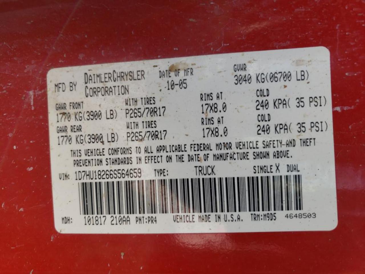 Photo 10 from auction – 2006 DODGE RAM 1500 S with VIN 1D7HU18266S564659