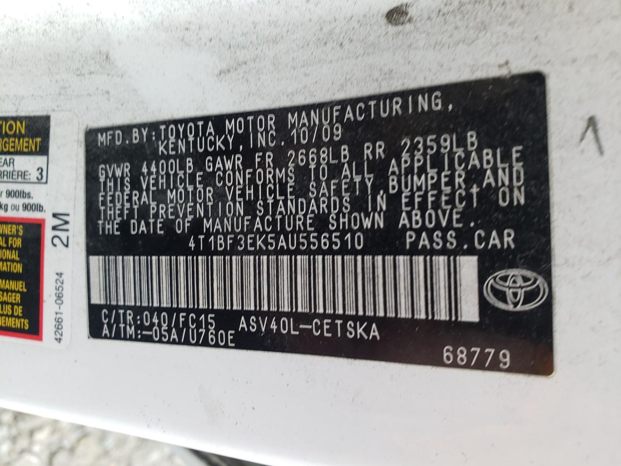 Photo 10 from auction – 2010 TOYOTA CAMRY BASE with VIN 4T1BF3EK5AU556510