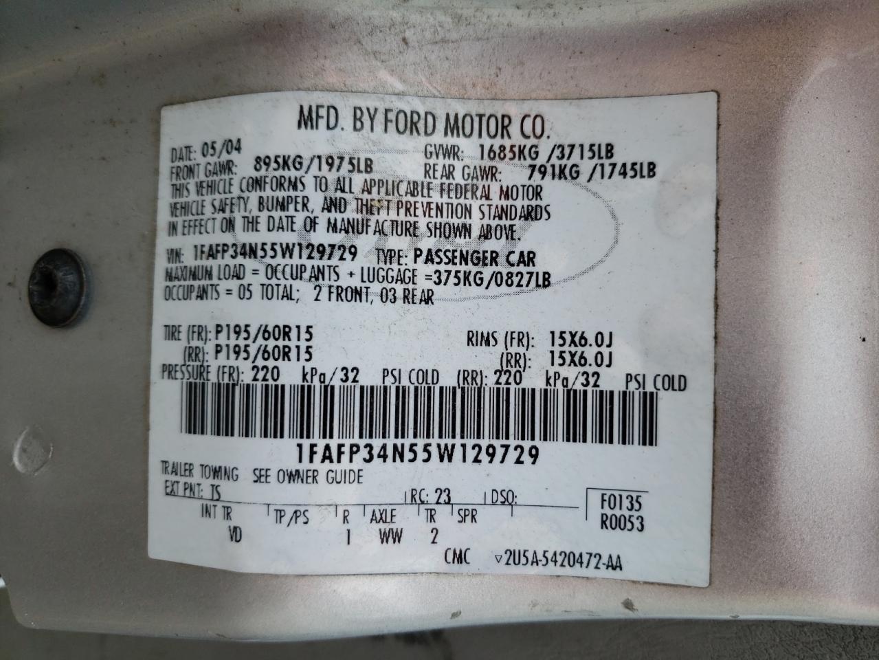 Photo 10 from auction – 2005 FORD FOCUS ZX4 with VIN 1FAFP34N55W129729