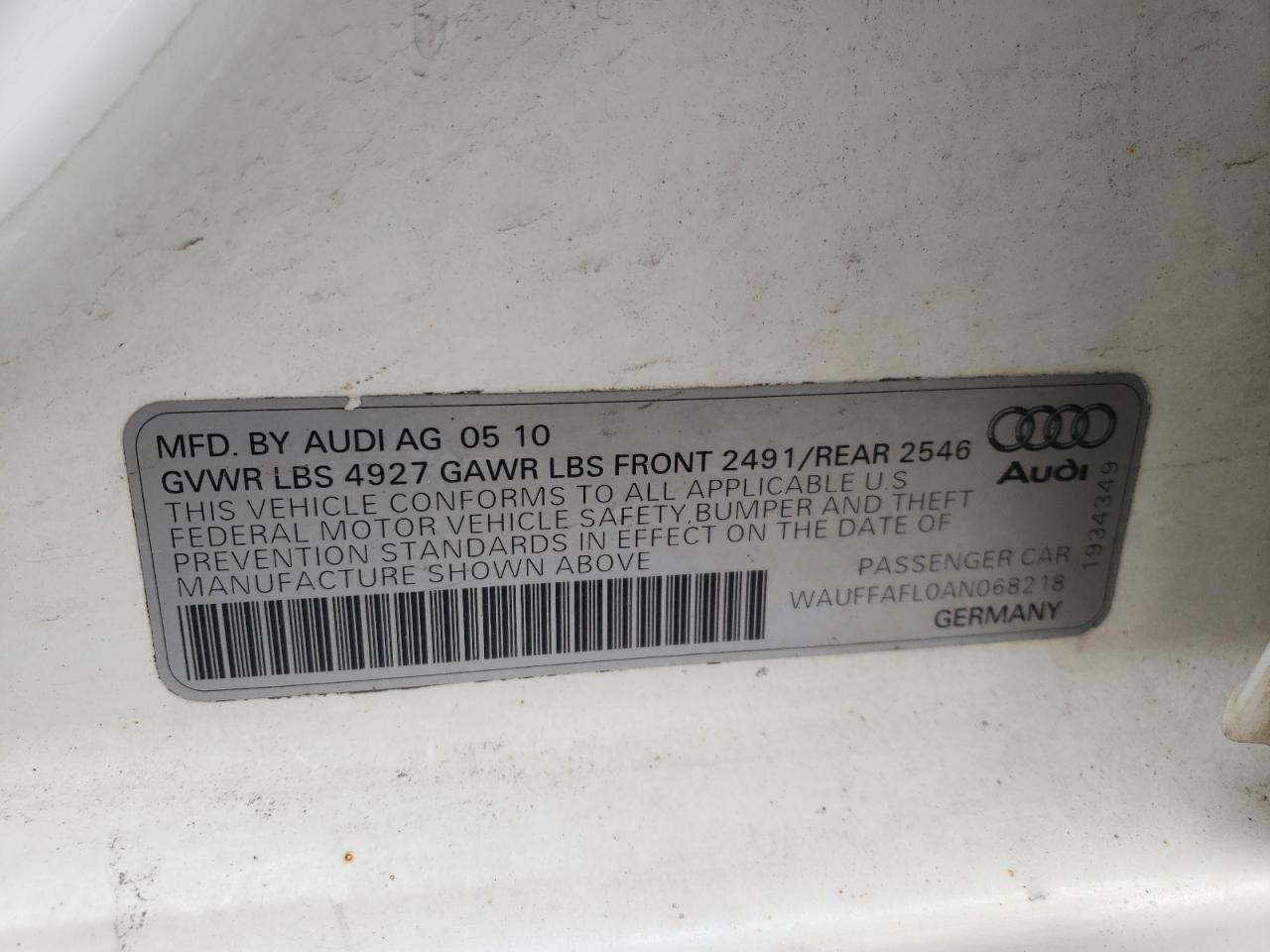 Photo 10 from auction – 2010 AUDI A4 PREMIUM with VIN WAUFFAFL0AN068218