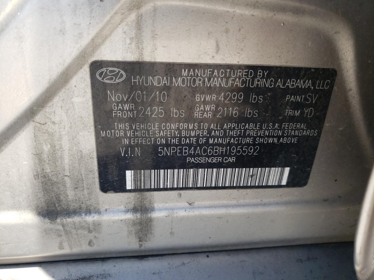 Photo 10 from auction – 2011 HYUNDAI SONATA GLS with VIN 5NPEB4AC6BH195592