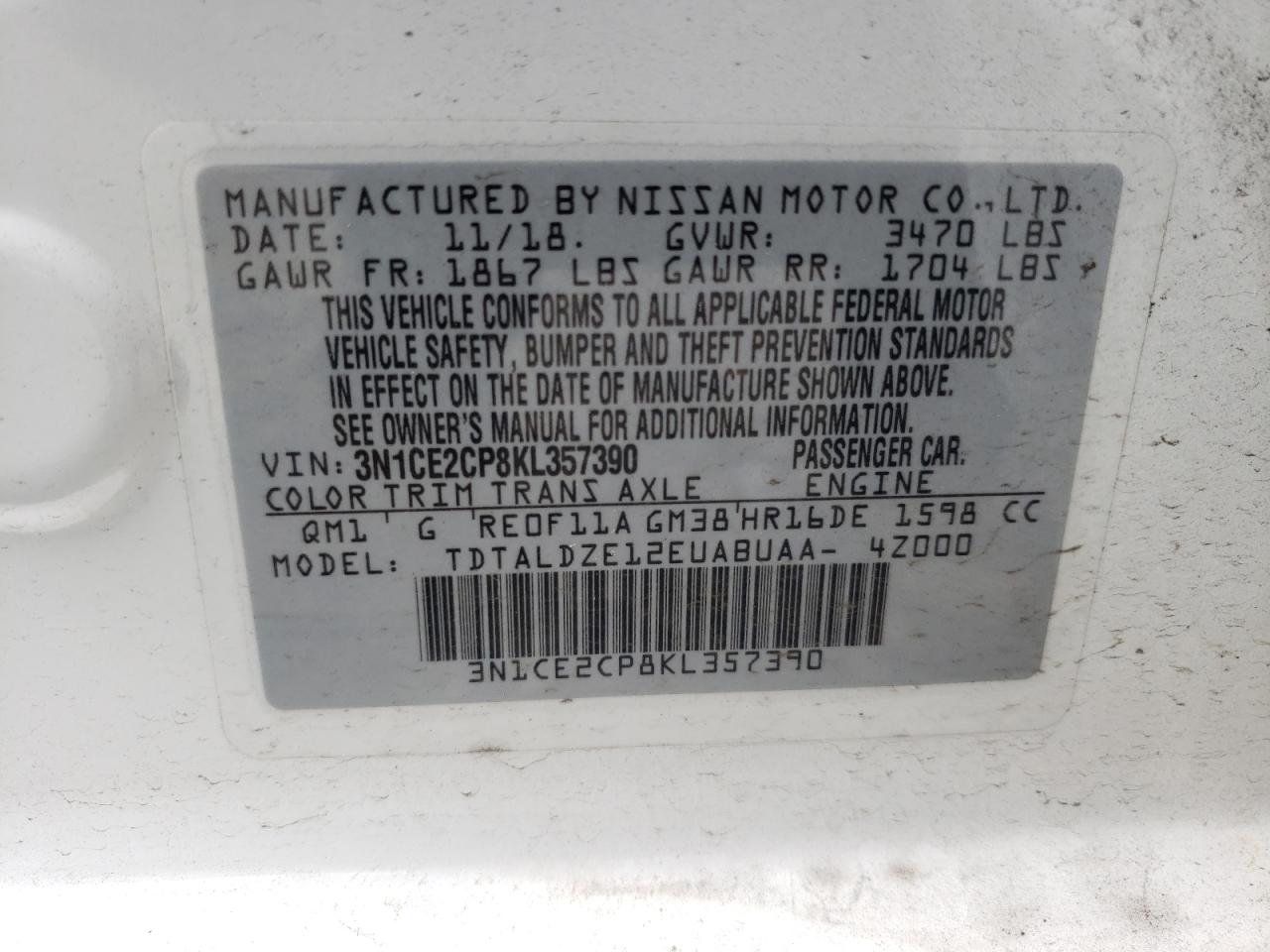Photo 10 from auction – 2019 NISSAN VERSA NOTE with VIN 3N1CE2CP8KL357390