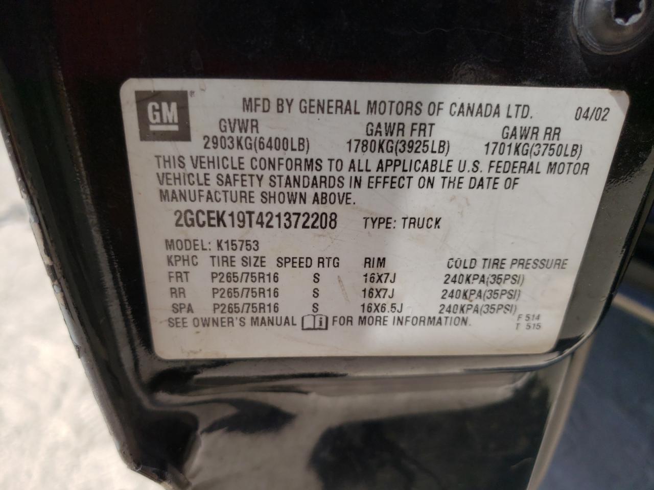 Photo 10 from auction – 2002 CHEVROLET SILVERADO with VIN 2GCEK19T421372208