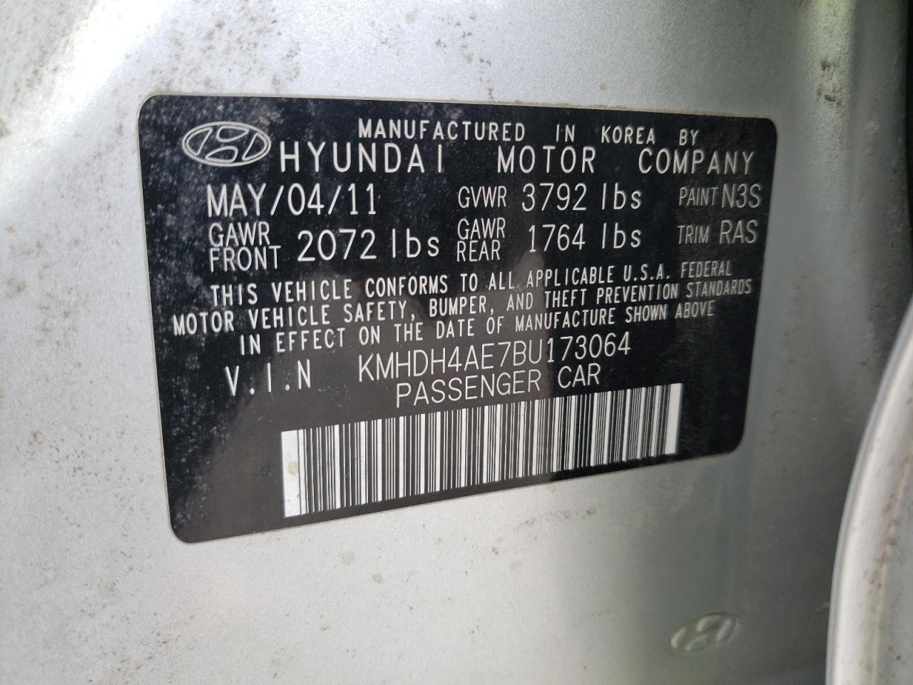Photo 10 from auction – 2011 HYUNDAI ELANTRA GL with VIN KMHDH4AE7BU173064