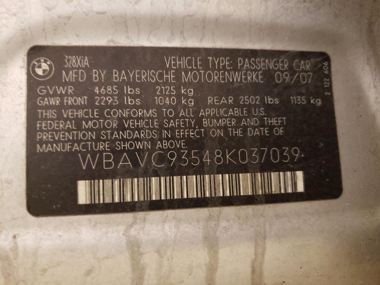 Photo 10 from auction – 2008 BMW 328 XI with VIN WBAVC93548K037039