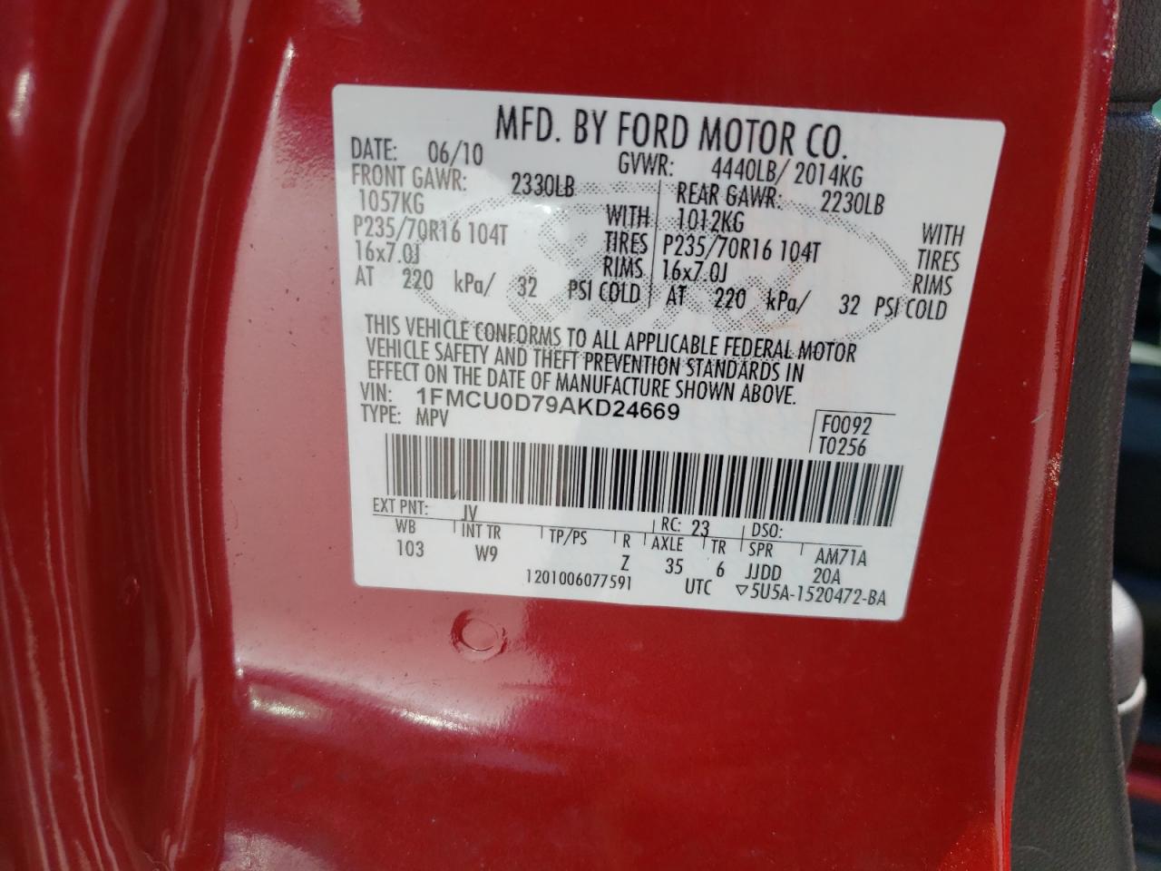 Photo 10 from auction – 2010 FORD ESCAPE XLT with VIN 1FMCU0D79AKD24669