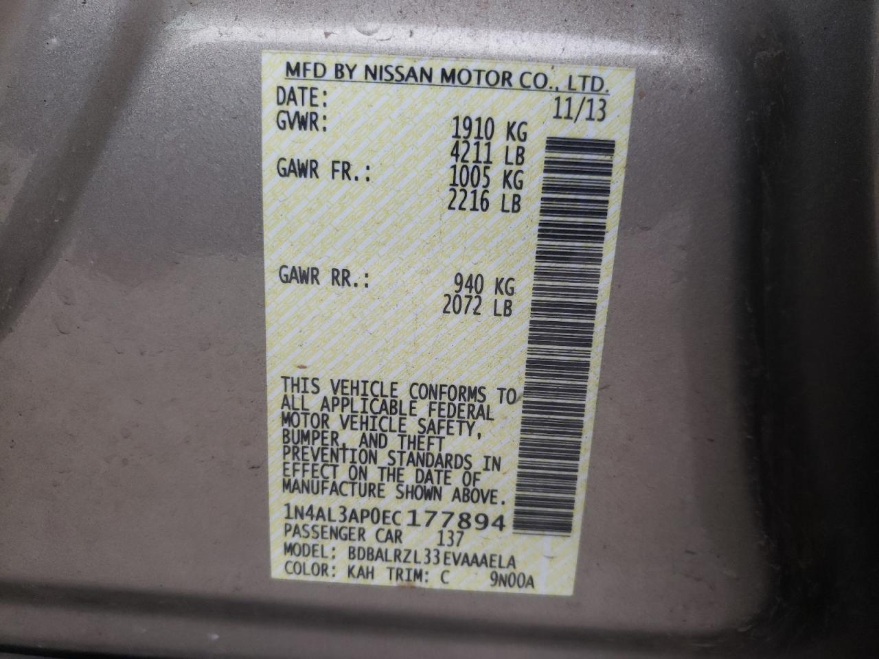 Photo 10 from auction – 2014 NISSAN ALTIMA 2.5 with VIN 1N4AL3AP0EC177894