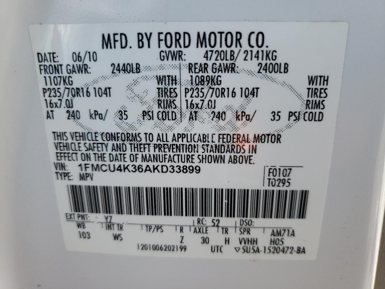 Photo 10 from auction – 2010 FORD ESCAPE HYB with VIN 1FMCU4K36AKD33899