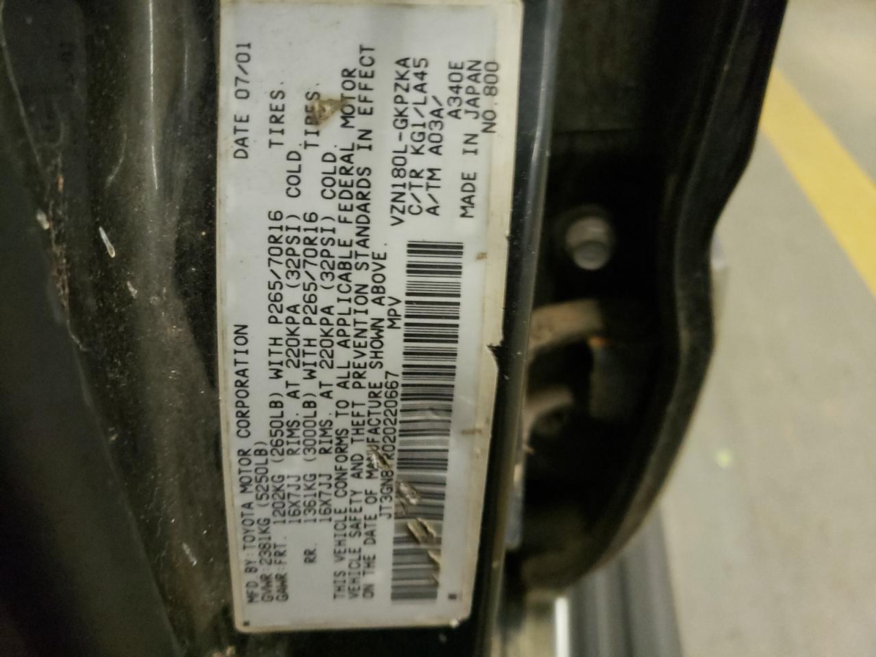 Photo 10 from auction – 2002 TOYOTA 4RUNNER LI with VIN JT3GN87R020220667