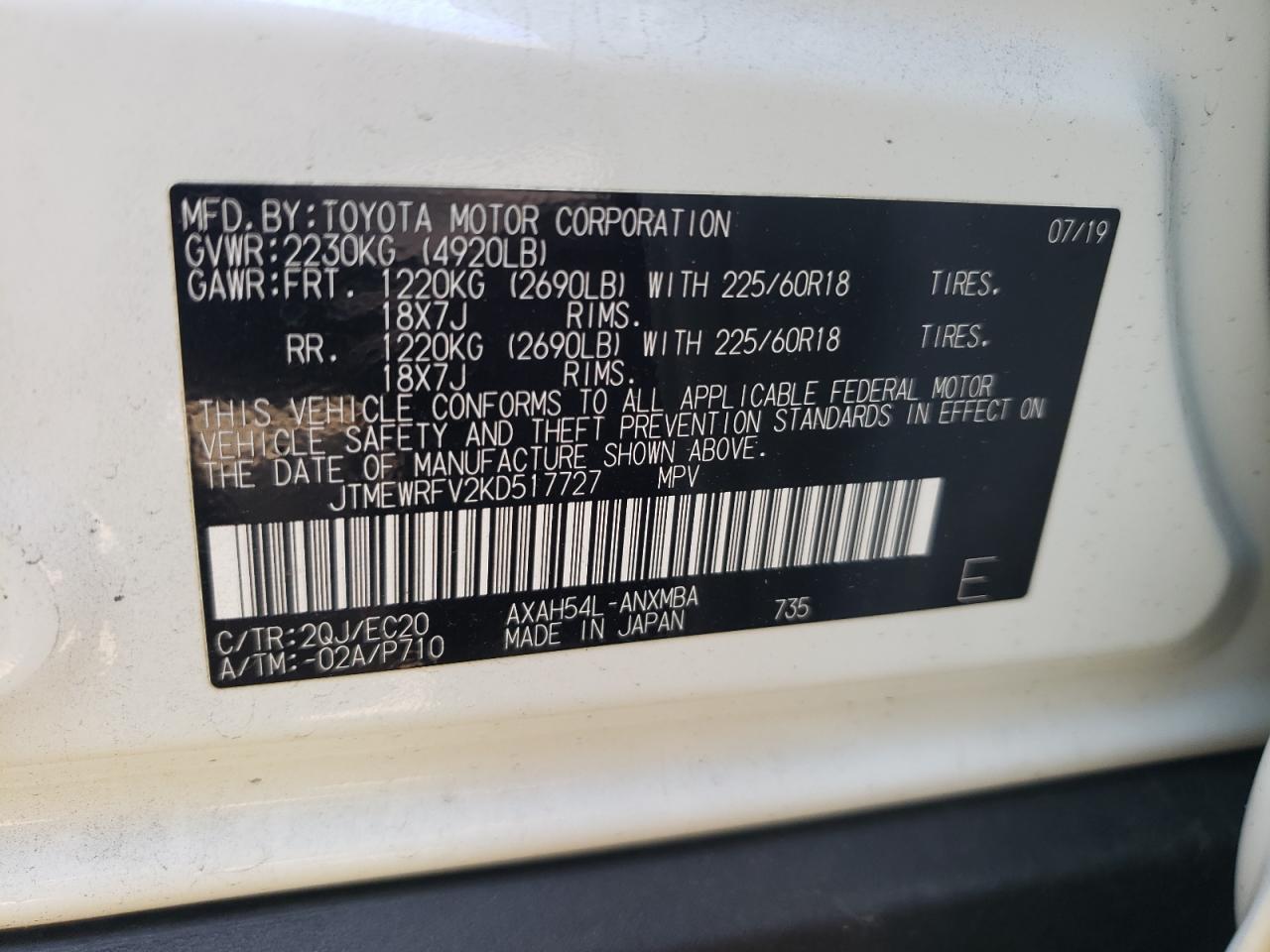 Photo 10 from auction – 2019 TOYOTA RAV4 XSE with VIN JTMEWRFV2KD517727