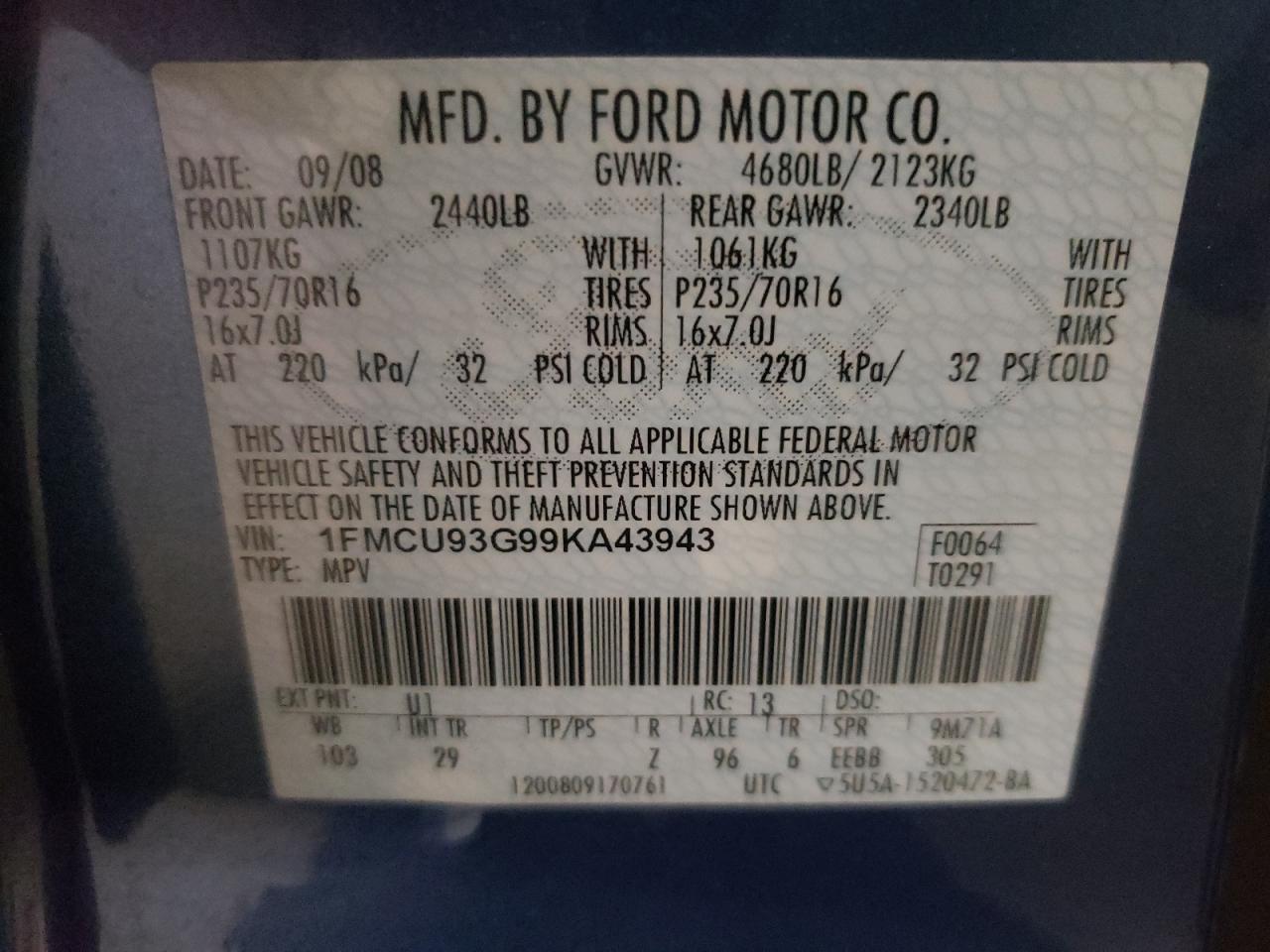 Photo 10 from auction – 2009 FORD ESCAPE XLT with VIN 1FMCU93G99KA43943