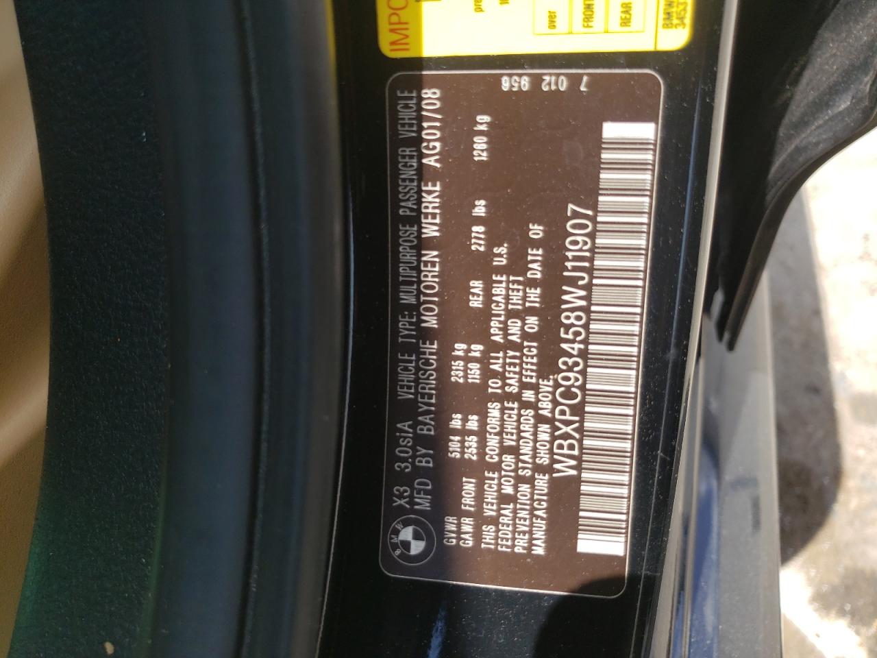 Photo 10 from auction – 2008 BMW X3 3.0SI with VIN WBXPC93458WJ11907