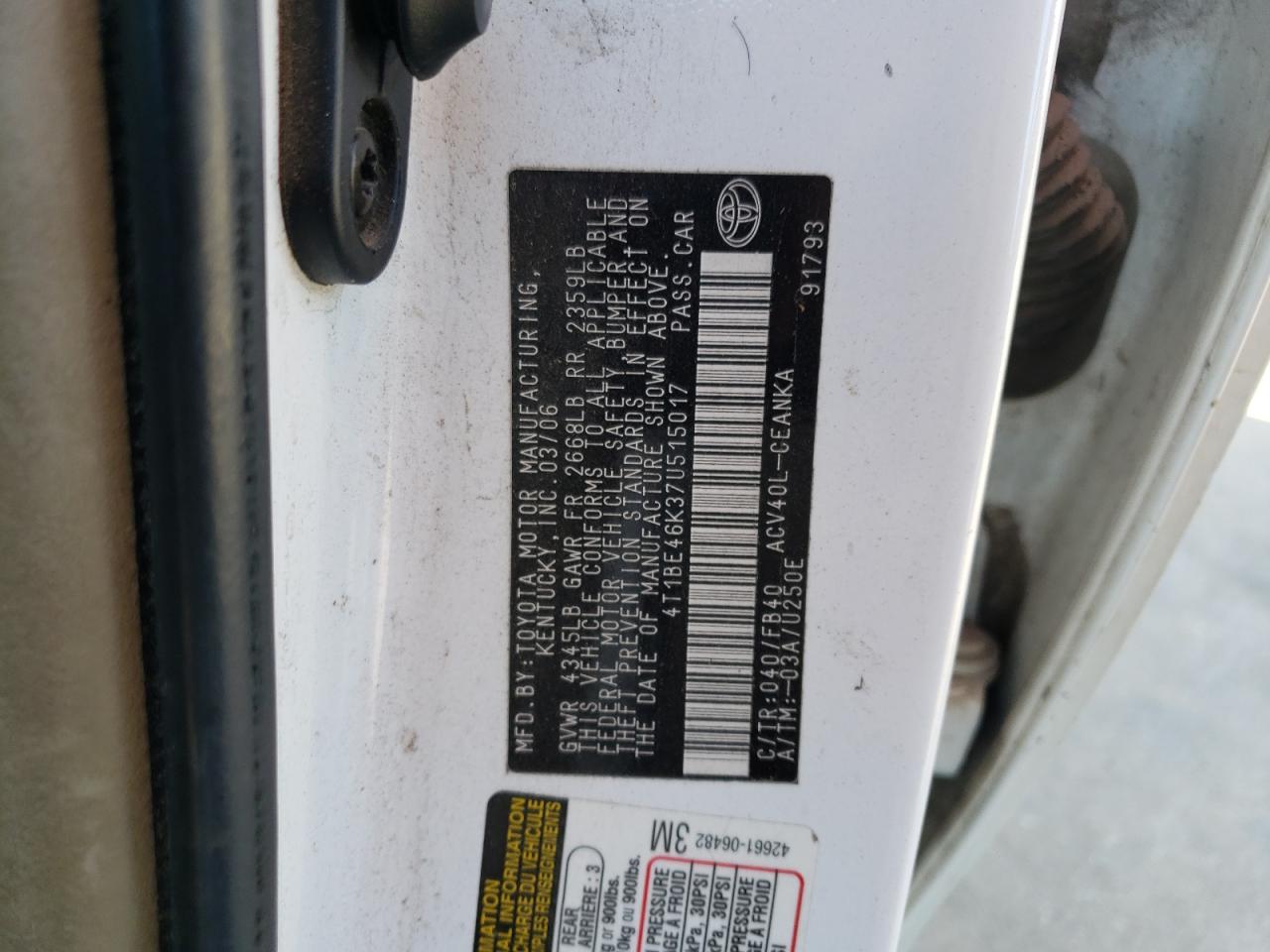 Photo 10 from auction – 2007 TOYOTA CAMRY CE with VIN 4T1BE46K37U515017