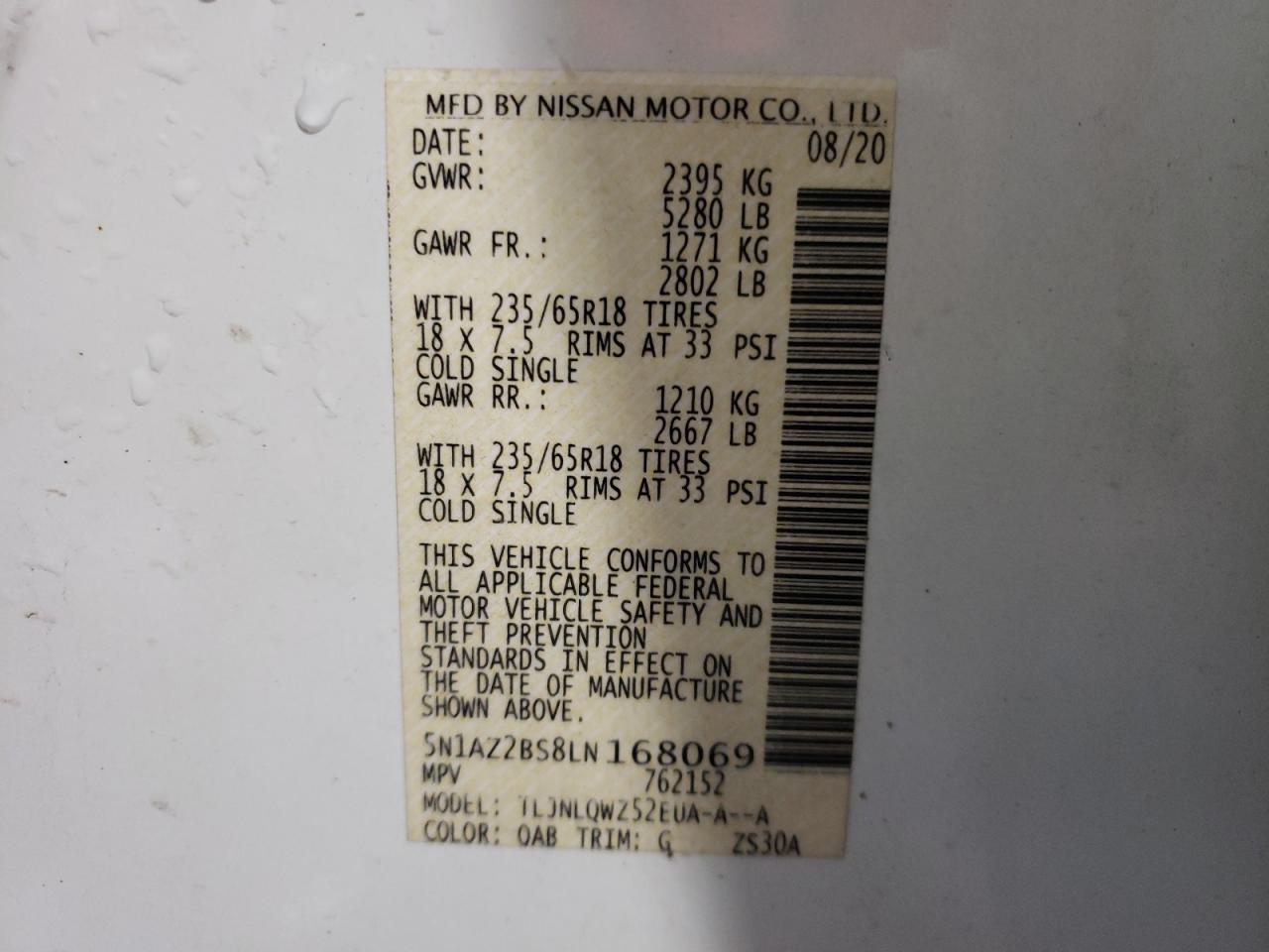 Photo 10 from auction – 2020 NISSAN MURANO SV with VIN 5N1AZ2BS8LN168069