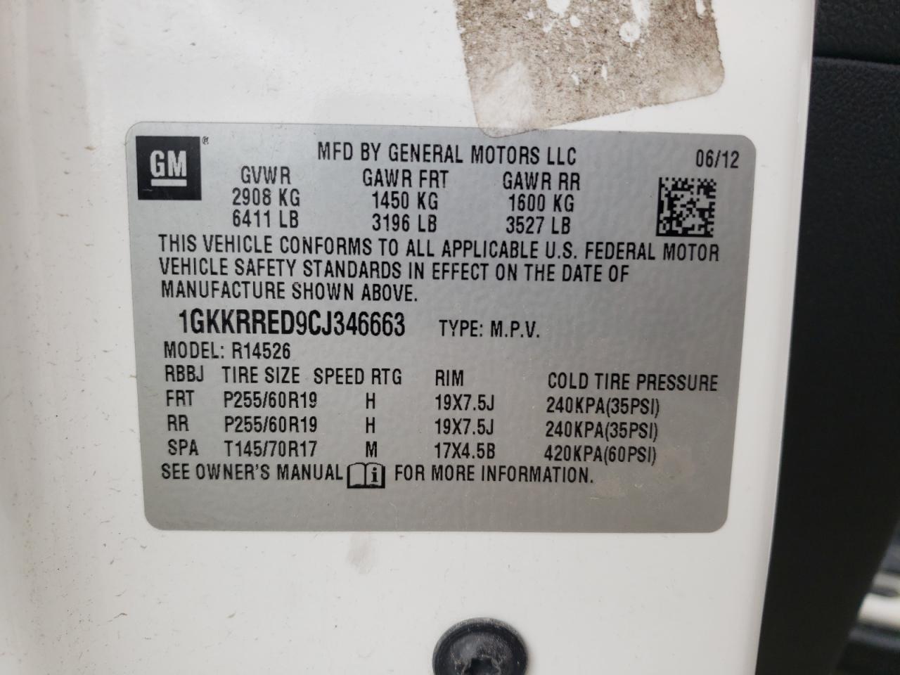 Photo 10 from auction – 2012 GMC ACADIA SLT with VIN 1GKKRRED9CJ346663