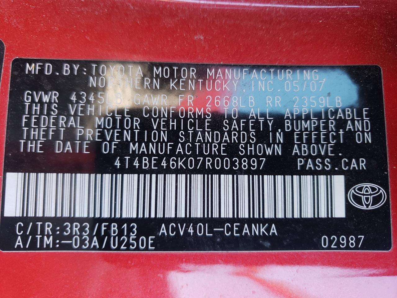 Photo 10 from auction – 2007 TOYOTA CAMRY CE with VIN 4T4BE46K07R003897