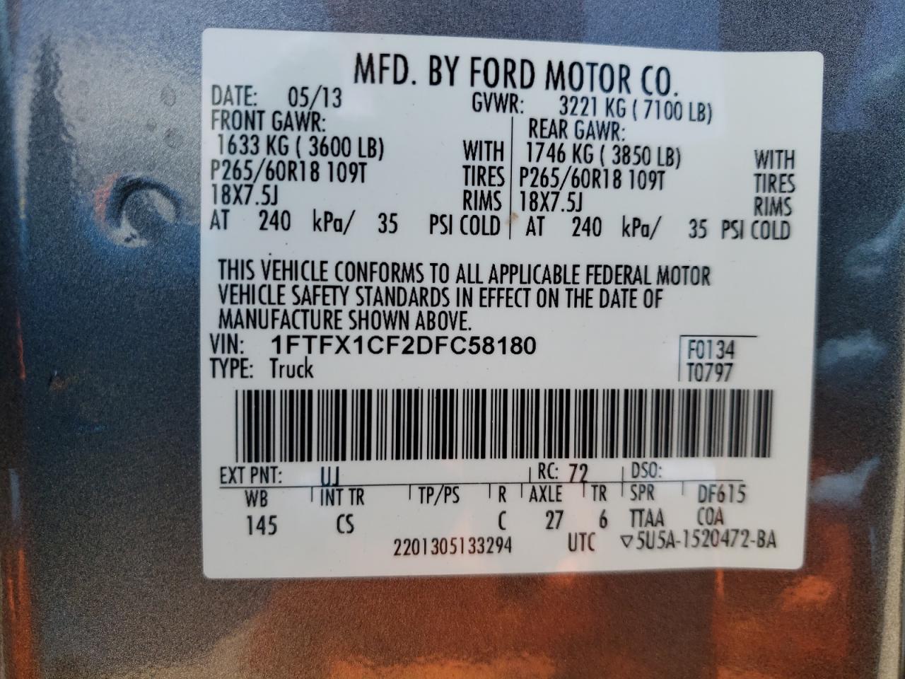 Photo 10 from auction – 2013 FORD F150 SUPER with VIN 1FTFX1CF2DFC58180