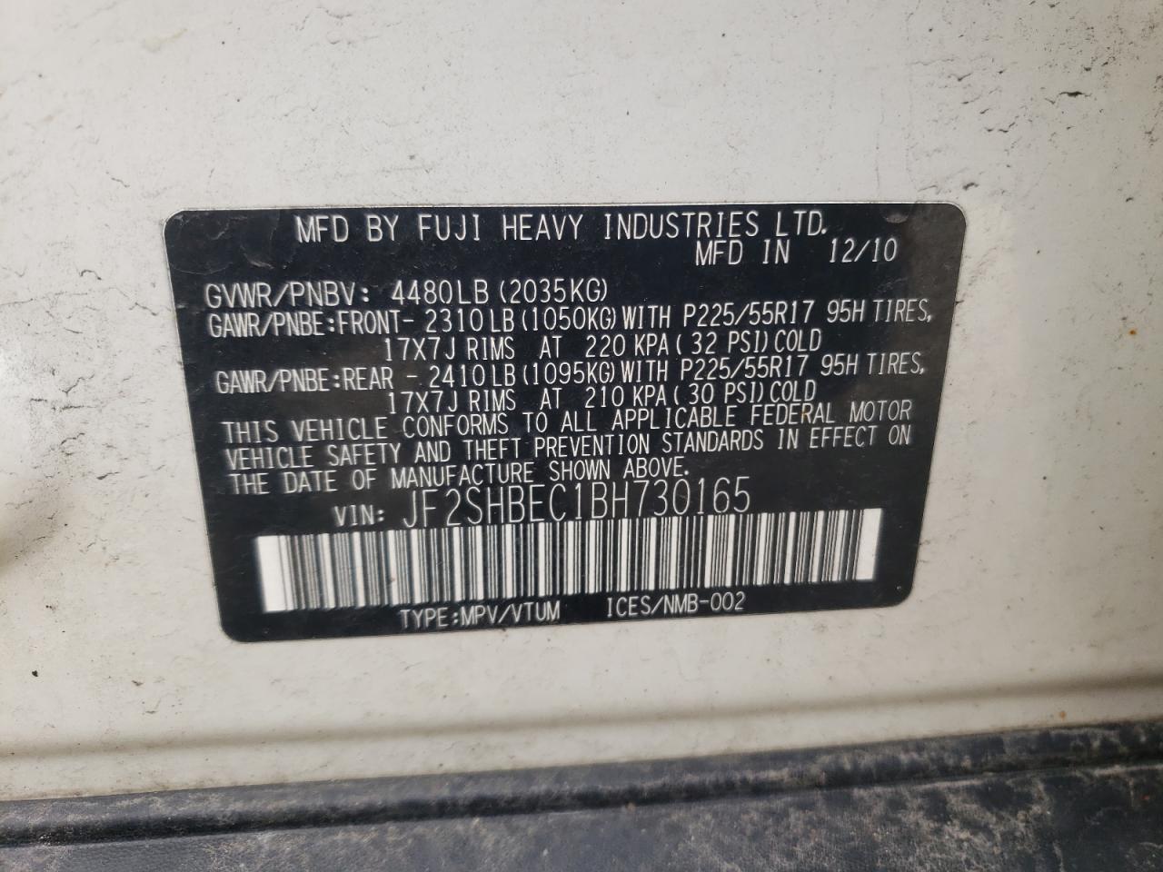 Photo 10 from auction – 2011 SUBARU FORESTER L with VIN JF2SHBEC1BH730165