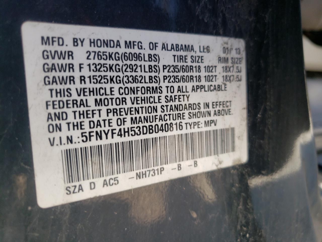 Photo 10 from auction – 2013 HONDA PILOT EXL with VIN 5FNYF4H53DB040816
