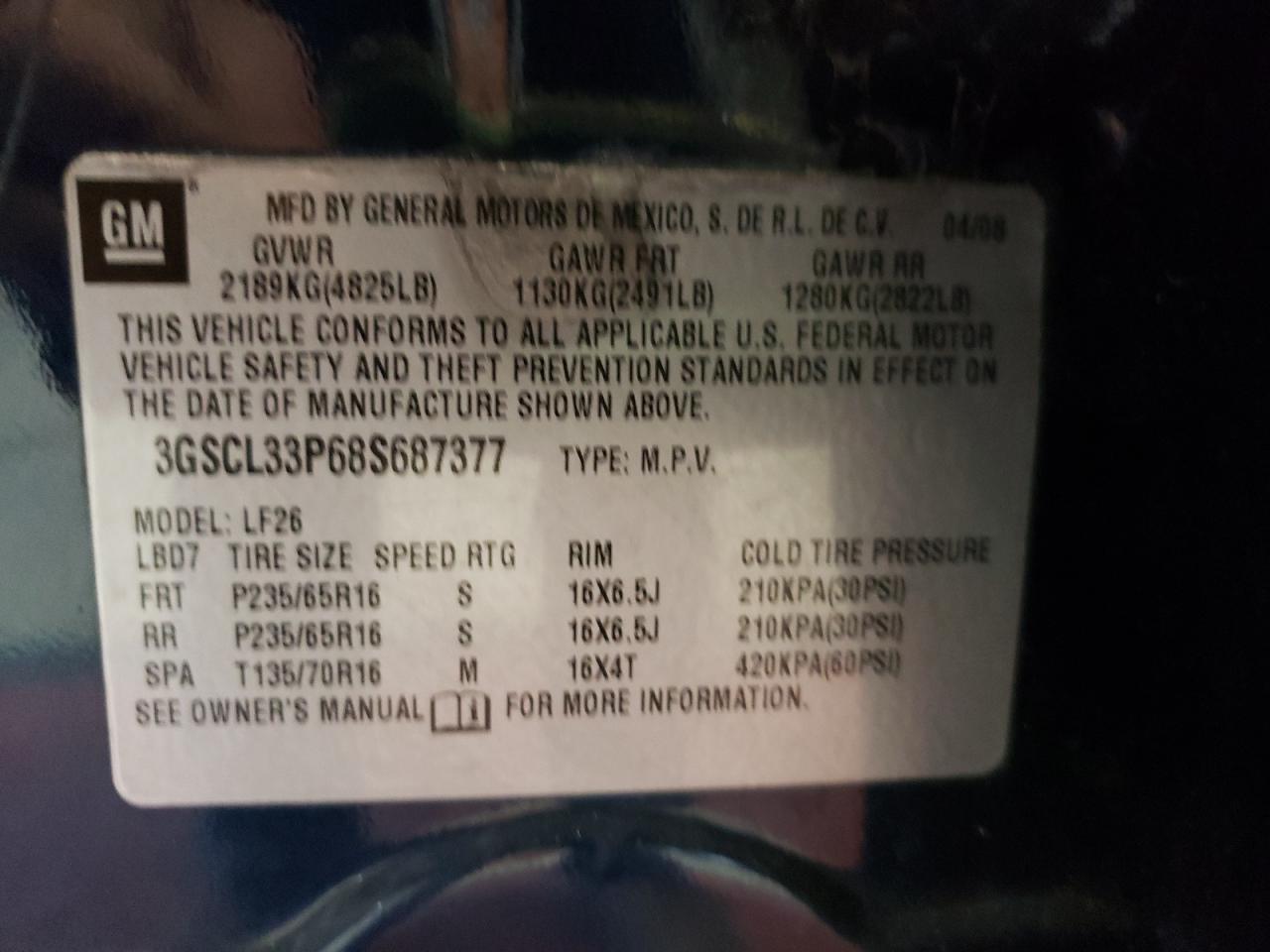 Photo 10 from auction – 2008 SATURN VUE XE with VIN 3GSCL33P68S687377