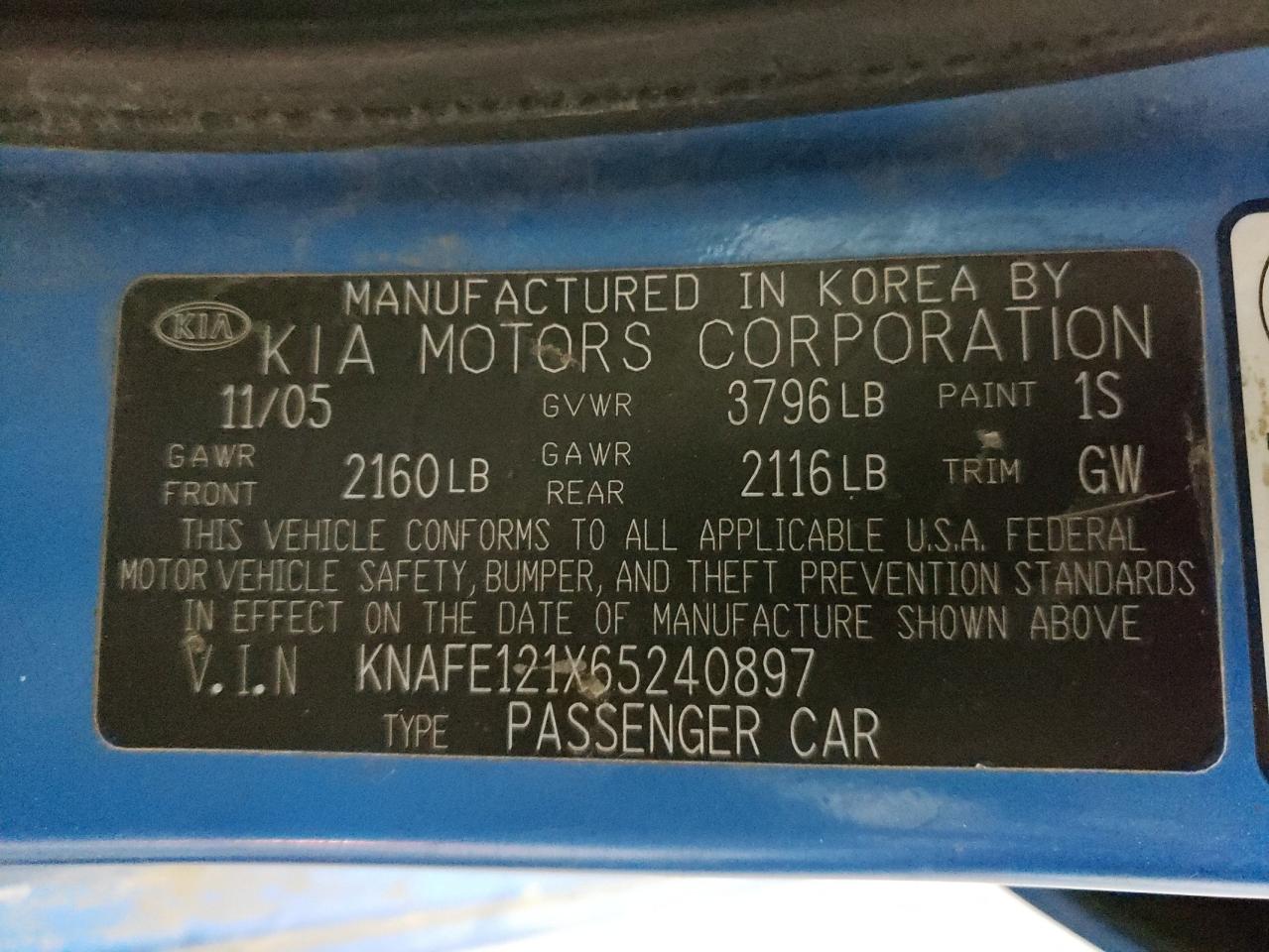 Photo 10 from auction – 2006 KIA SPECTRA with VIN KNAFE121X65240897