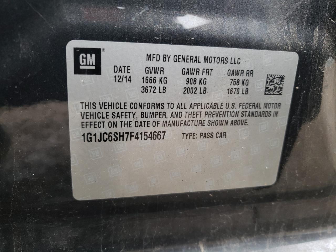 Photo 10 from auction – 2015 CHEVROLET SONIC LT with VIN 1G1JC6SH7F4154667