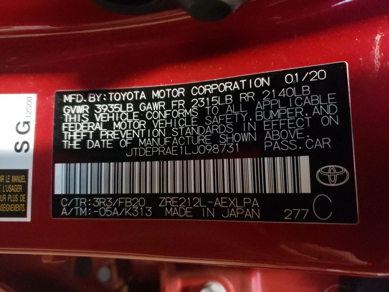 Photo 10 from auction – 2020 TOYOTA COROLLA LE with VIN JTDEPRAE1LJ098731