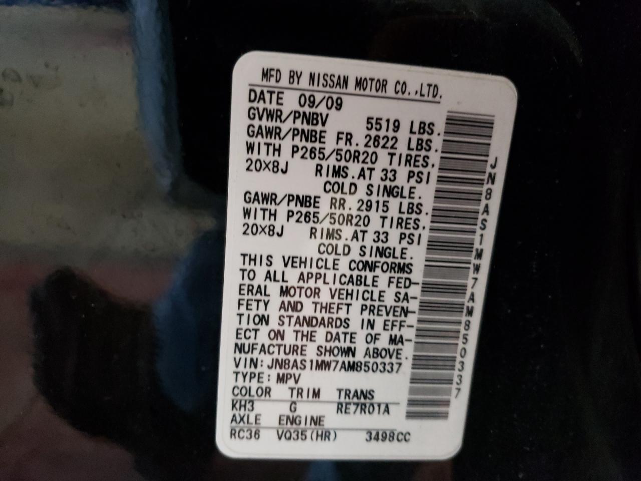 Photo 10 from auction – 2010 INFINITI FX35 with VIN JN8AS1MW7AM850337