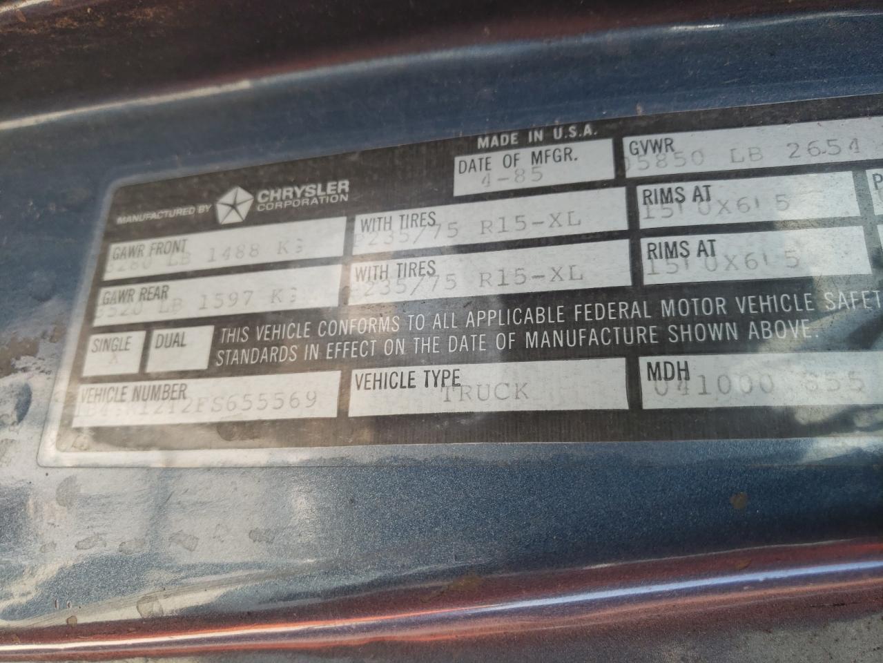 Photo 10 from auction – 1985 DODGE RAMCHARGER with VIN 1B4GW12T2FS655569