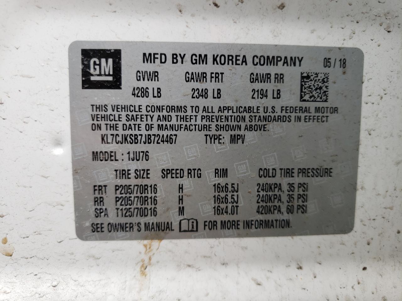 Photo 10 from auction – 2018 CHEVROLET TRAX LS with VIN KL7CJKSB7JB724467