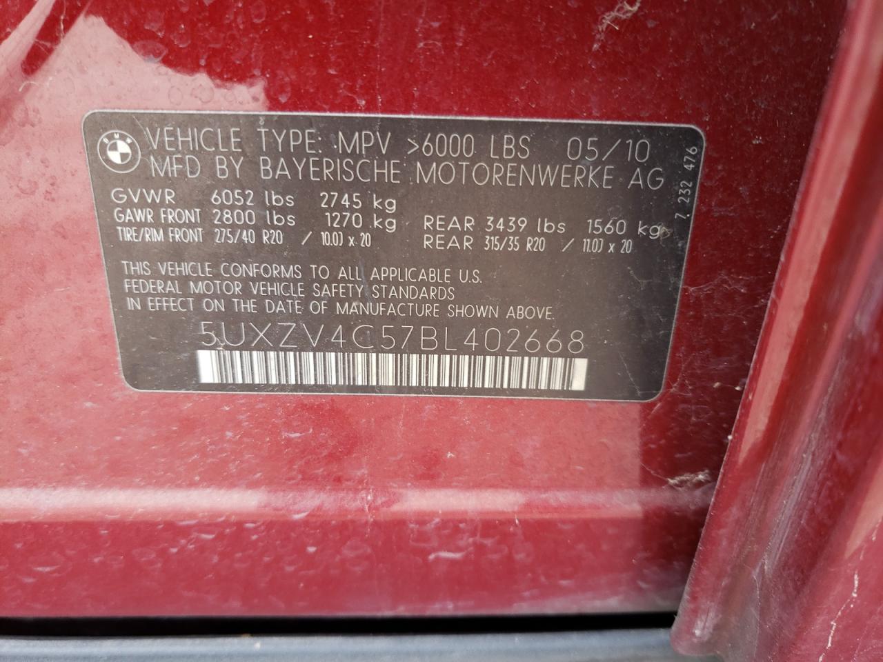 Photo 10 from auction – 2011 BMW X5 XDRIVE3 with VIN 5UXZV4C57BL402668