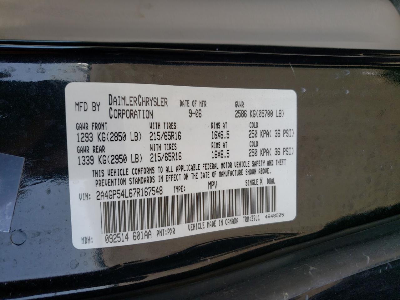 Photo 10 from auction – 2007 CHRYSLER TOWN & COU with VIN 2A4GP54L67R167548
